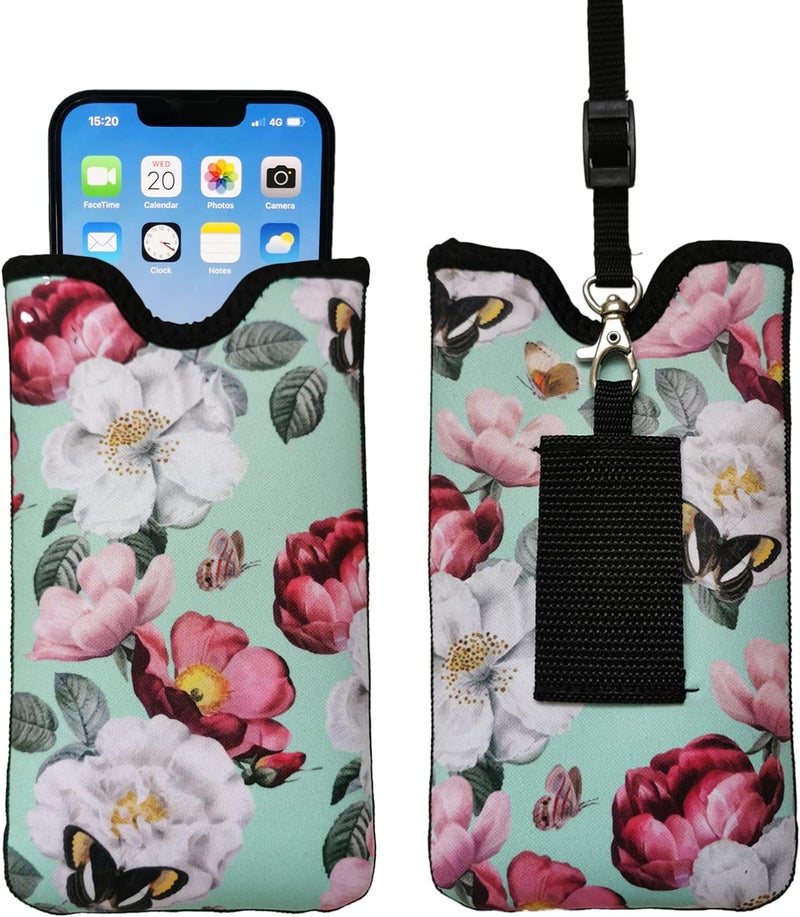 Tainada Men Women Neoprene Shockproof Phone Sleeve Pouch Carrying Case Bag with Neck Lanyard, Belt Loop Holster for iPhone 17/16 Pro Max, 16/15 Plus; Samsung S25+, S24, A56, Z Fold7 (Turquoise Floral) - Image 1
